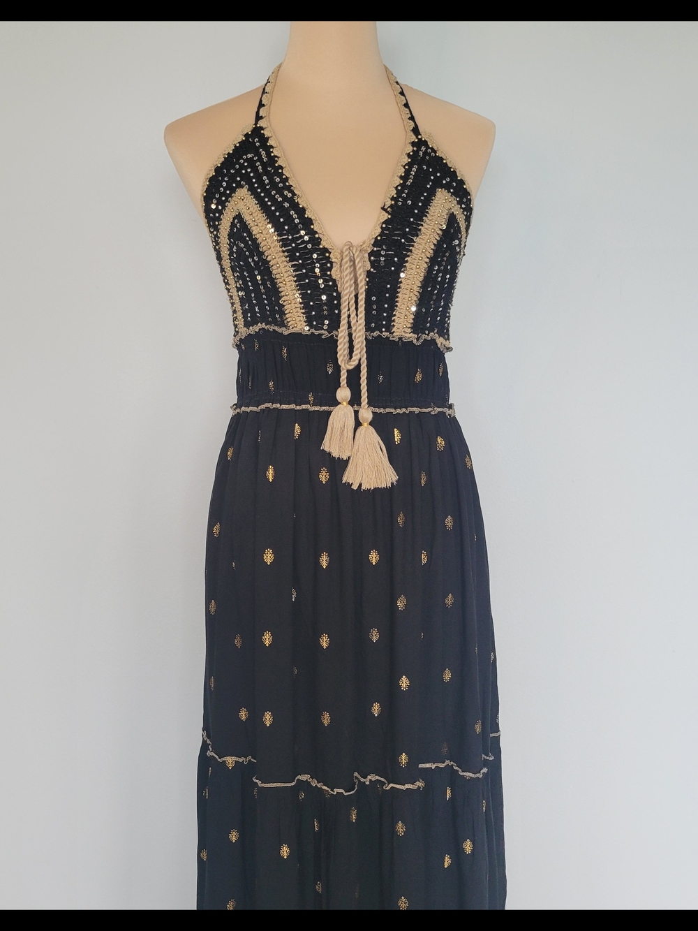 NWT Crochet Boho Coquette Bohemian Black Gold Tiered Maxi Dress Sz Large/XL - Picture 3 of 16